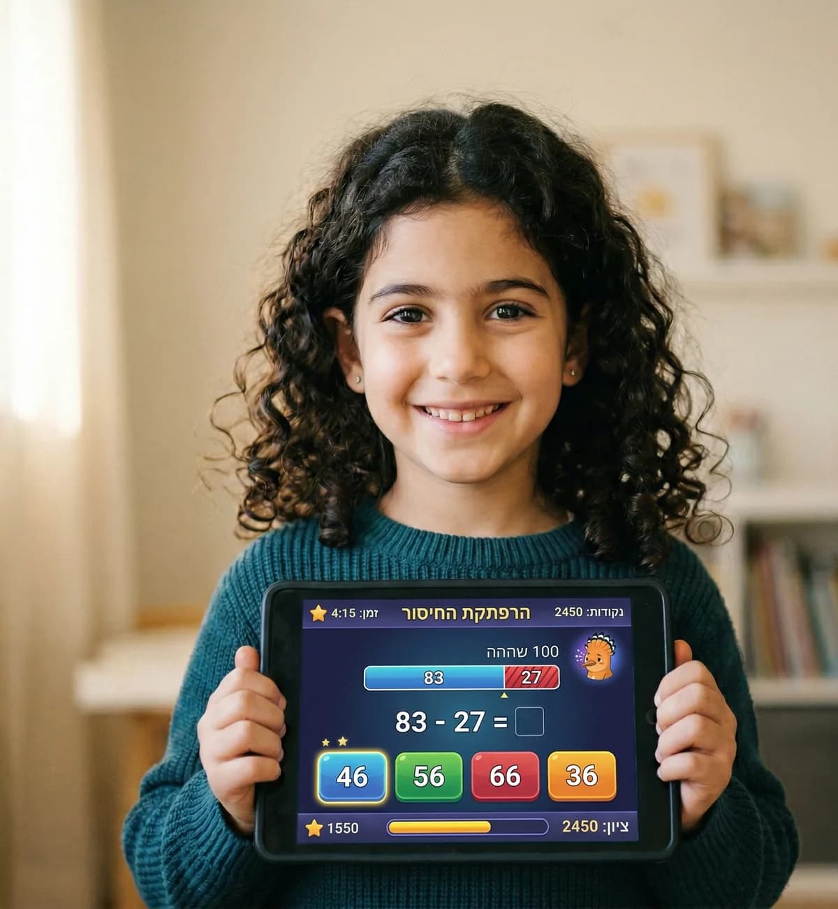 ילדה מציגה בגאווה תוצאות באפליקציה