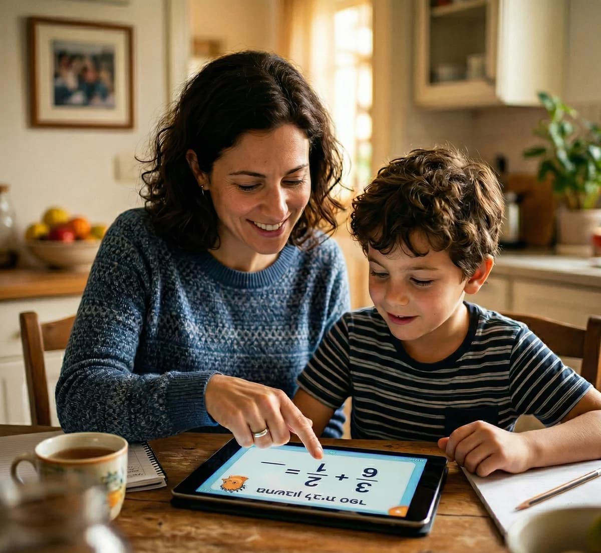 אמא ובן לומדים יחד עם טאבלט